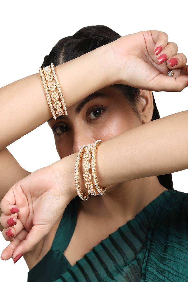 Ethnic Gold Plated Floral shaped Pearl studded Bangle Set of 4 Bangles for Girls and Women.