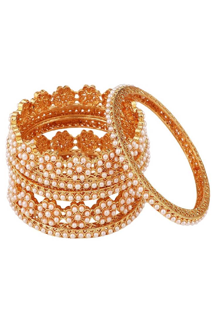 Ethnic Gold Plated Floral shaped Pearl studded Bangle Set of 4 Bangles for Girls and Women.