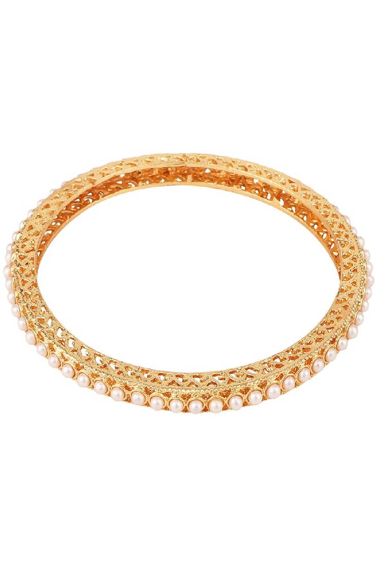 Ethnic Gold Plated Floral shaped Pearl studded Bangle Set of 4 Bangles for Girls and Women.