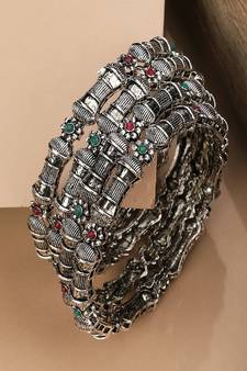 Ethnic Silver Plated Multicolor Stone studded Set of 4 Bangles for Girls and Women.