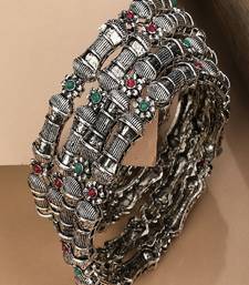 Ethnic Silver Plated Multicolor Stone studded Set of 4 Bangles for Girls and Women.