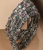Ethnic Silver Plated Multicolor Stone studded Set of 4 Bangles for Girls and Women.