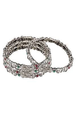 Ethnic Silver Plated Multicolor Stone studded Set of 4 Bangles for Girls and Women. 2