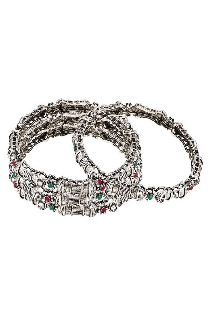 Ethnic Silver Plated Multicolor Stone studded Set of 4 Bangles for Girls and Women.