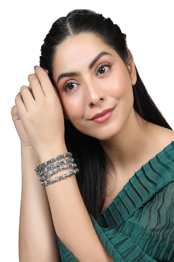Ethnic Silver Plated Multicolor Stone studded Set of 4 Bangles for Girls and Women.