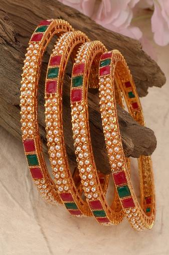 Traditional Gold plated Pearl and Multicolor Stone studded Bangle Set of 4 Bangles for Girls and Women.