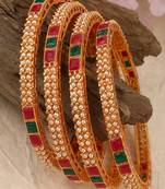 Traditional Gold plated Pearl and Multicolor Stone studded Bangle Set of 4 Bangles for Girls and Women.