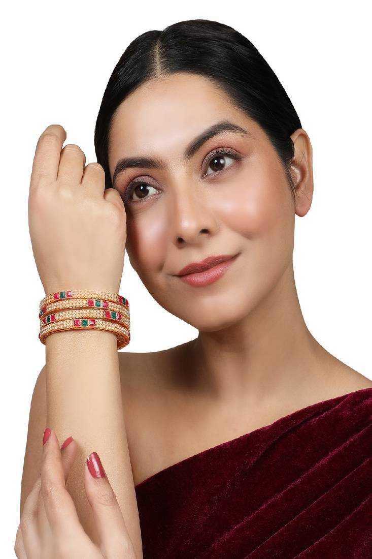 Traditional Gold plated Pearl and Multicolor Stone studded Bangle Set of 4 Bangles for Girls and Women.