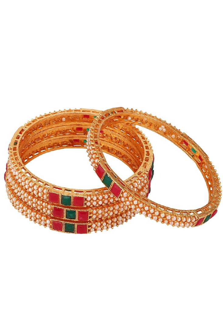 Traditional Gold plated Pearl and Multicolor Stone studded Bangle Set of 4 Bangles for Girls and Women.