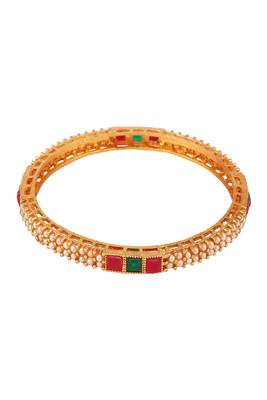 Traditional Gold plated Pearl and Multicolor Stone studded Bangle Set of 4 Bangles for Girls and Women. 4
