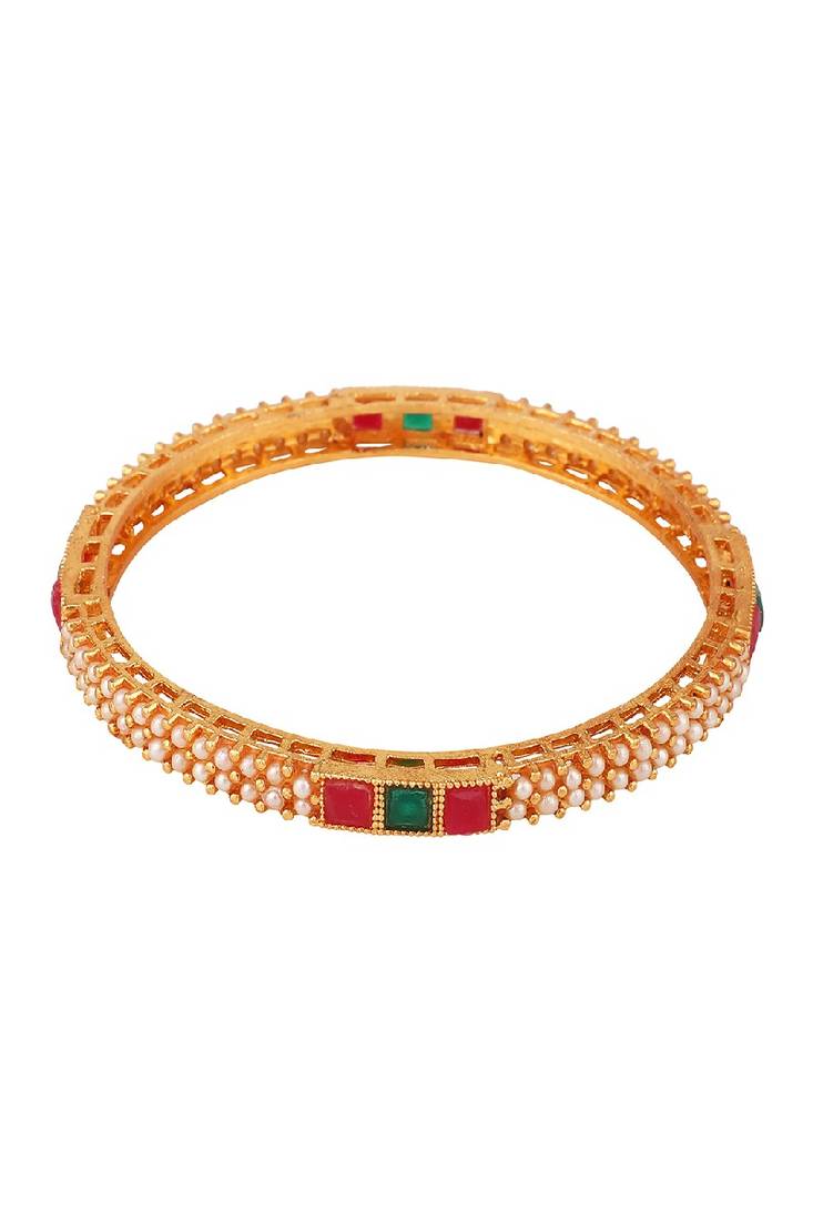 Traditional Gold plated Pearl and Multicolor Stone studded Bangle Set of 4 Bangles for Girls and Women.