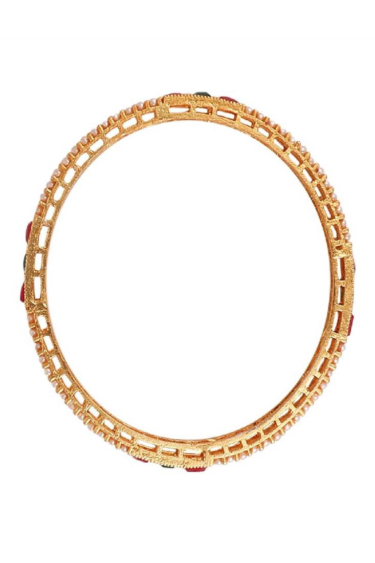 Traditional Gold plated Pearl and Multicolor Stone studded Bangle Set of 4 Bangles for Girls and Women.