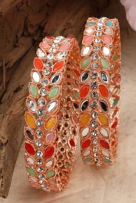 Statement Rose Gold Plated Leaf Shaped Multicolor Stone Studded Bangle Set for Girls and Women. 1