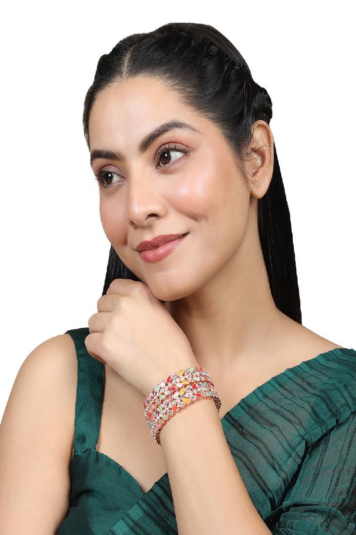 Statement Rose Gold Plated Leaf Shaped Multicolor Stone Studded Bangle Set for Girls and Women.