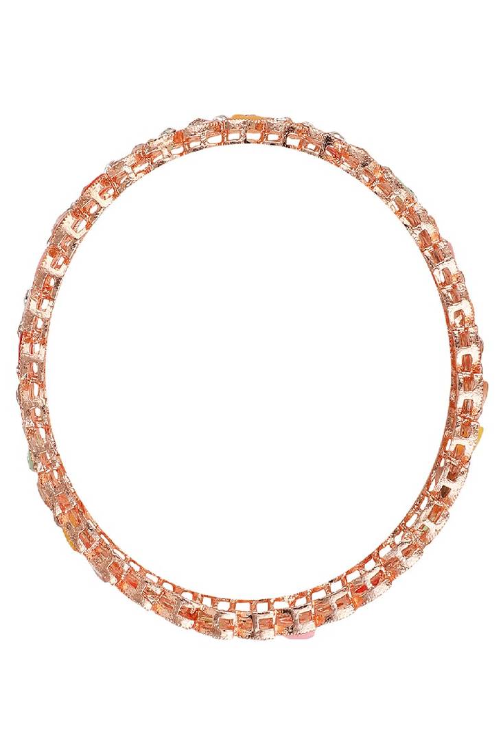 Statement Rose Gold Plated Leaf Shaped Multicolor Stone Studded Bangle Set for Girls and Women.