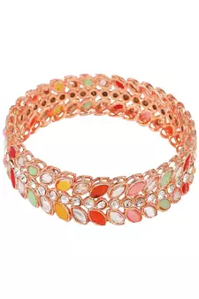 Statement Rose Gold Plated Leaf Shaped Multicolor Stone Studded Bangle Set for Girls and Women.
