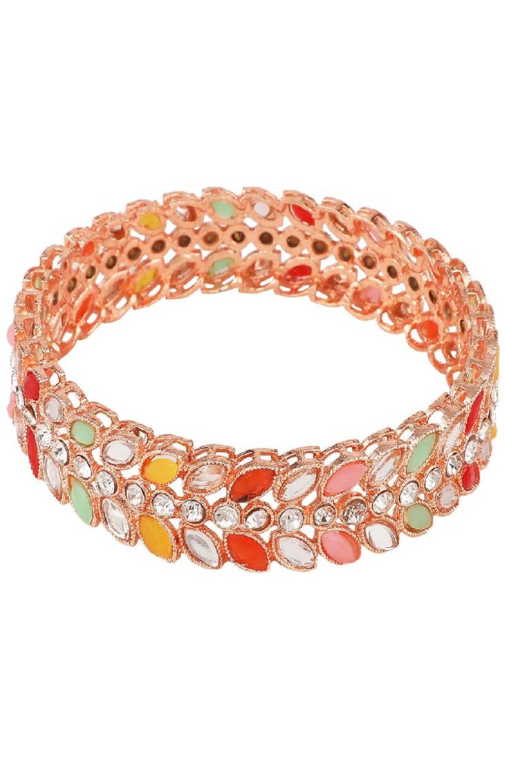 Statement Rose Gold Plated Leaf Shaped Multicolor Stone Studded Bangle Set for Girls and Women.