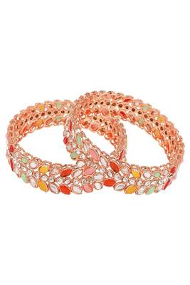 Statement Rose Gold Plated Leaf Shaped Multicolor Stone Studded Bangle Set for Girls and Women. 5