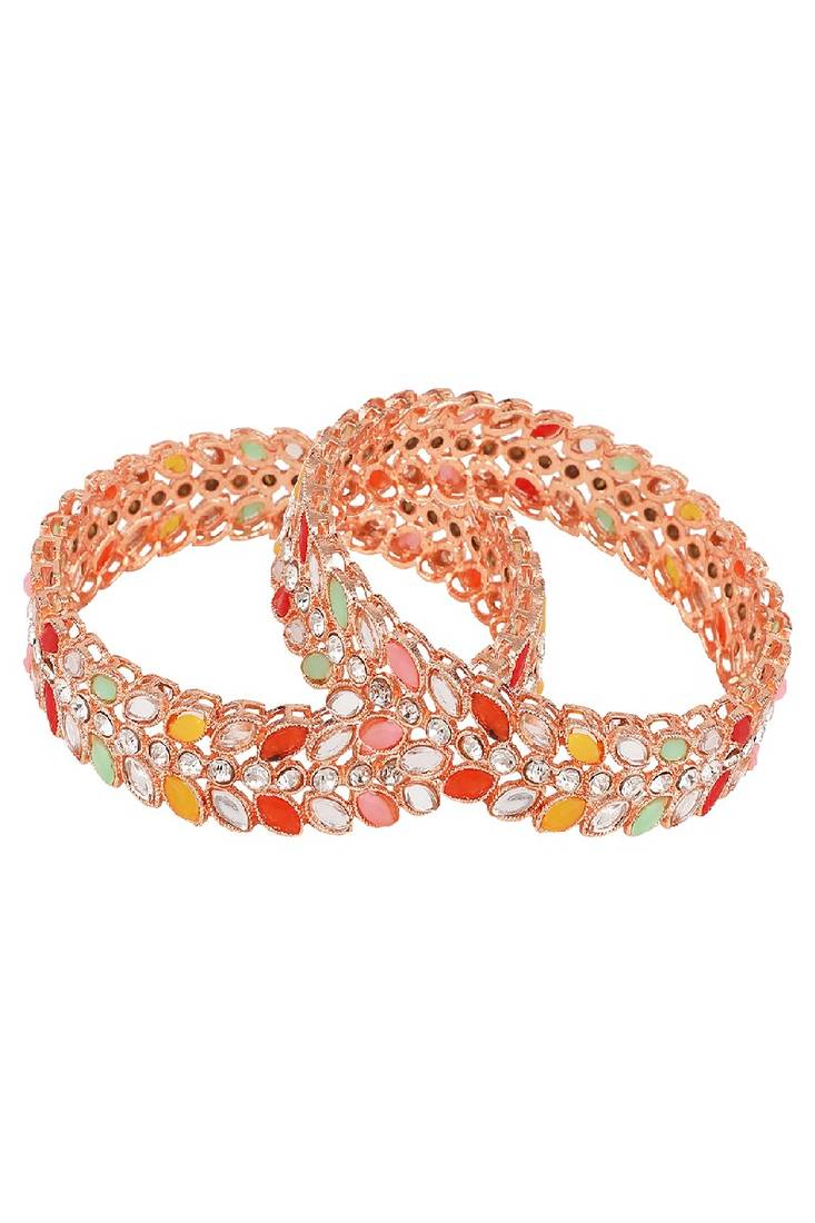 Statement Rose Gold Plated Leaf Shaped Multicolor Stone Studded Bangle Set for Girls and Women.