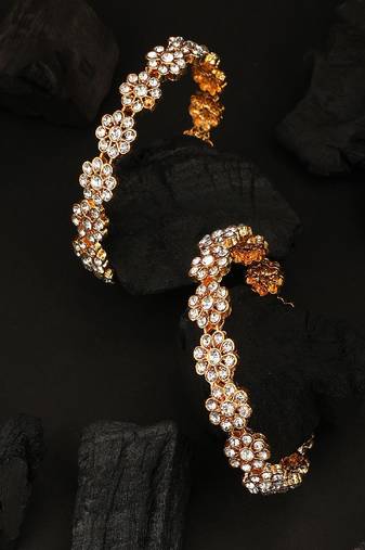 Statement Gold Plated Floral Shaped Stone Studded Bangle Set of 2 Bangles for Girls and Women.