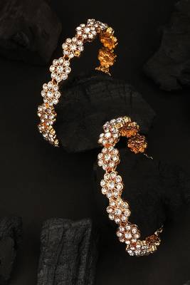 Statement Gold Plated Floral Shaped Stone Studded Bangle Set of 2 Bangles for Girls and Women. 1