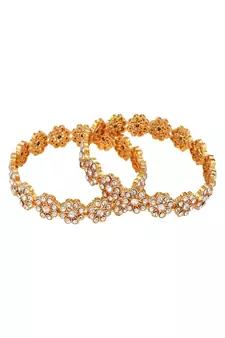 Statement Gold Plated Floral Shaped Stone Studded Bangle Set of 2 Bangles for Girls and Women.