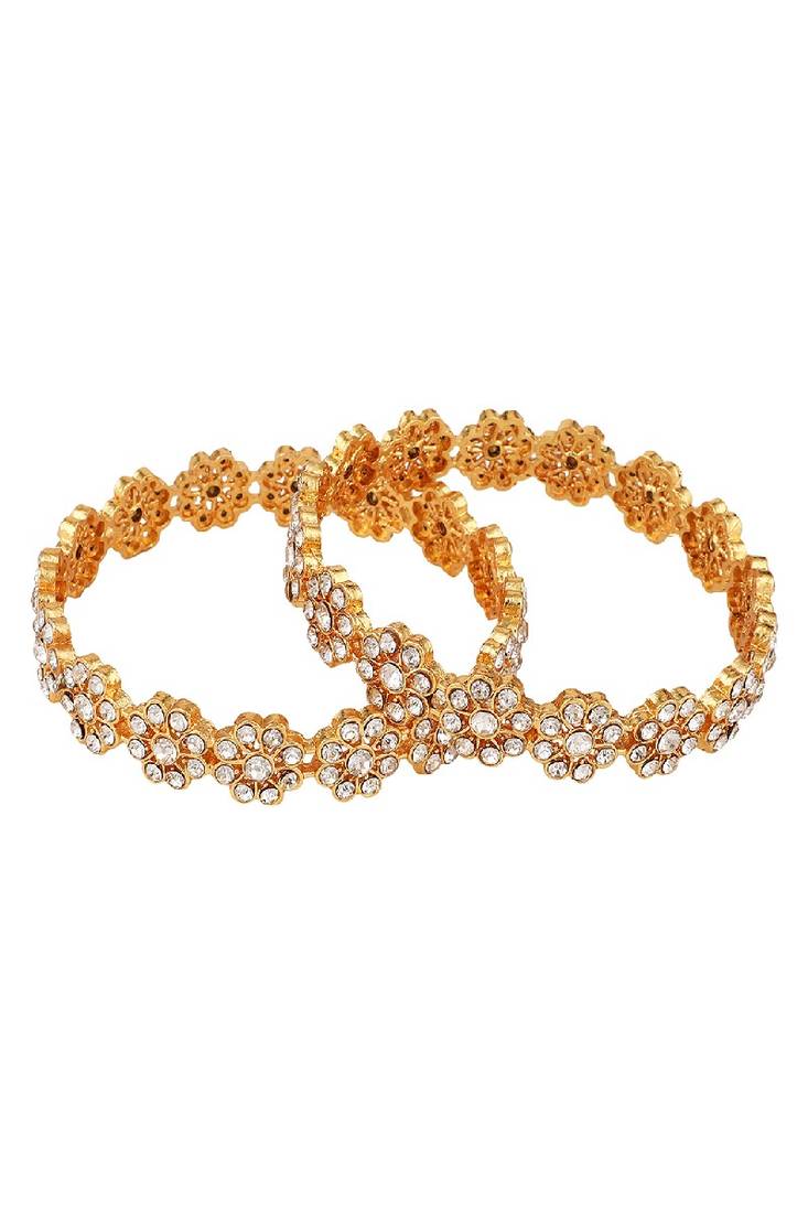 Statement Gold Plated Floral Shaped Stone Studded Bangle Set of 2 Bangles for Girls and Women.