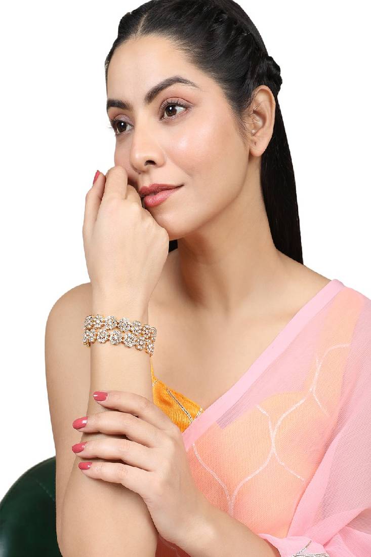 Statement Gold Plated Floral Shaped Stone Studded Bangle Set of 2 Bangles for Girls and Women.