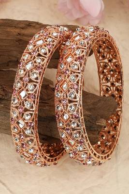Statement Rose Gold Plated Abstract Design Stone Studded Bangle Set of 2 Bangles for Girls and Women. 1