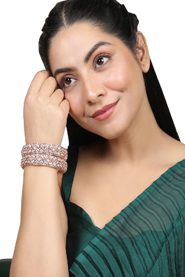Statement Rose Gold Plated Abstract Design Stone Studded Bangle Set of 2 Bangles for Girls and Women.