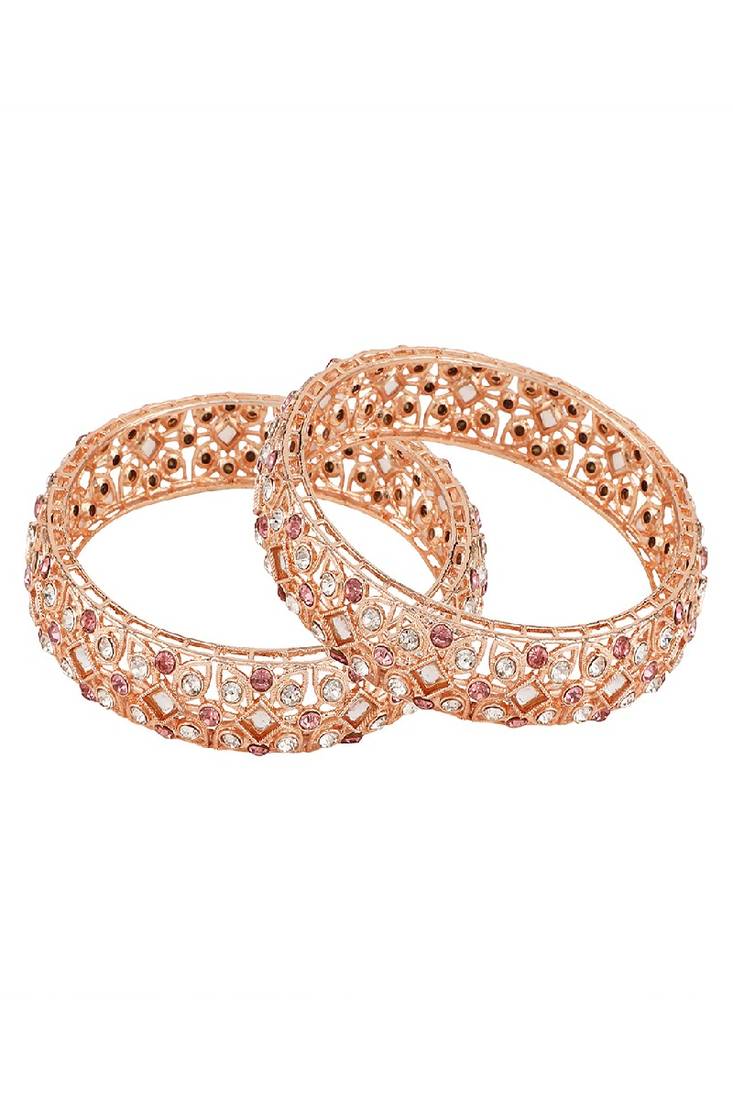 Statement Rose Gold Plated Abstract Design Stone Studded Bangle Set of 2 Bangles for Girls and Women.