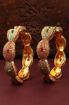 Traditional Gold Plated Enameled Multicolor Stone Studded Abstract Design Bangle Set of 2 Bangles for Girls and Women.
