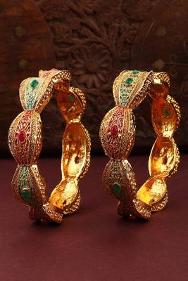 Traditional Gold Plated Enameled Multicolor Stone Studded Abstract Design Bangle Set of 2 Bangles for Girls and Women. 1