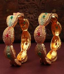 Traditional Gold Plated Enameled Multicolor Stone Studded Abstract Design Bangle Set of 2 Bangles for Girls and Women.