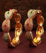 Traditional Gold Plated Enameled Multicolor Stone Studded Abstract Design Bangle Set of 2 Bangles for Girls and Women.