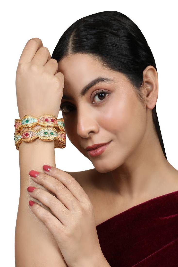 Traditional Gold Plated Enameled Multicolor Stone Studded Abstract Design Bangle Set of 2 Bangles for Girls and Women.