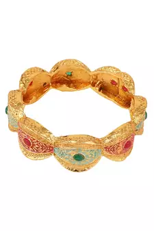 Traditional Gold Plated Enameled Multicolor Stone Studded Abstract Design Bangle Set of 2 Bangles for Girls and Women.