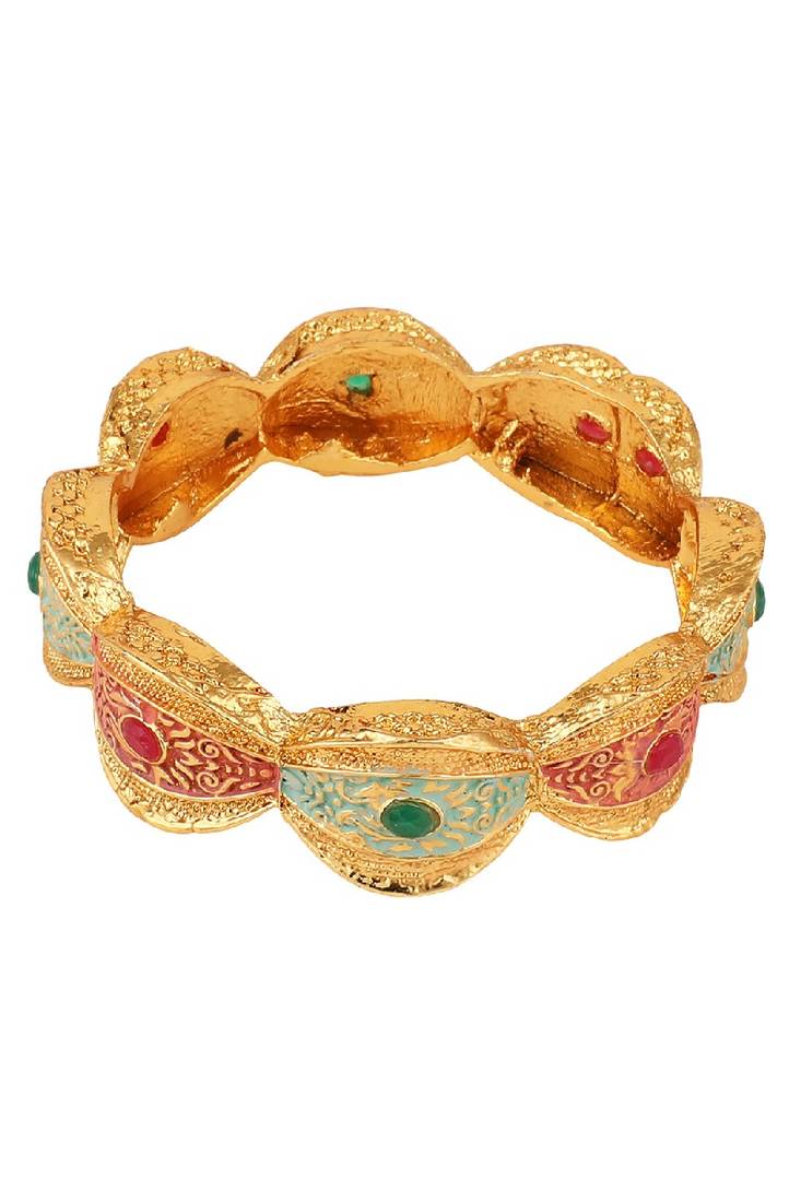 Traditional Gold Plated Enameled Multicolor Stone Studded Abstract Design Bangle Set of 2 Bangles for Girls and Women.