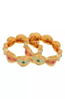 Traditional Gold Plated Enameled Multicolor Stone Studded Abstract Design Bangle Set of 2 Bangles for Girls and Women.