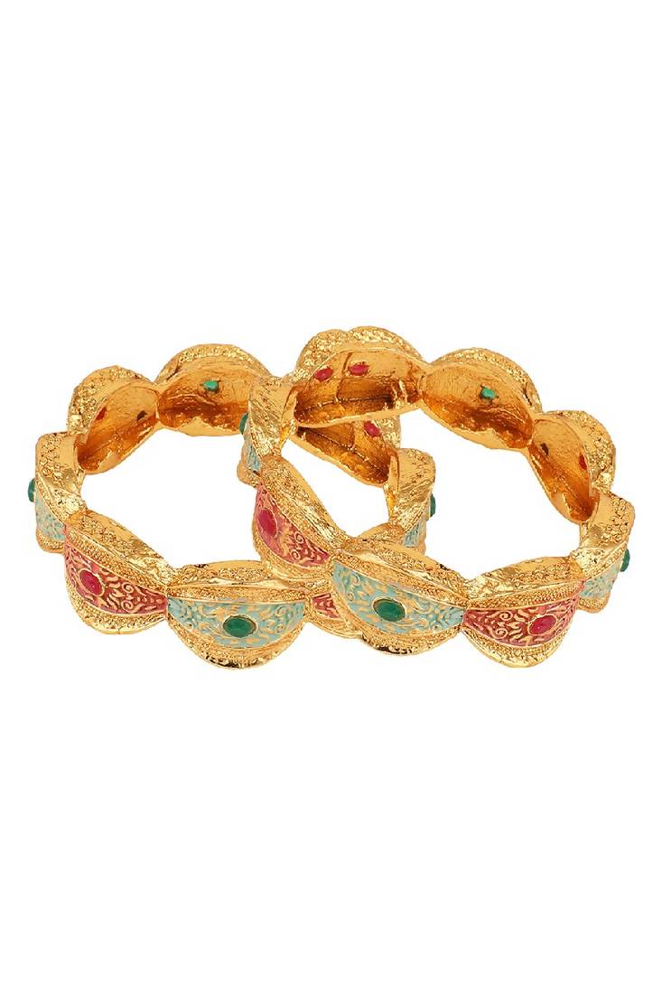 Traditional Gold Plated Enameled Multicolor Stone Studded Abstract Design Bangle Set of 2 Bangles for Girls and Women.