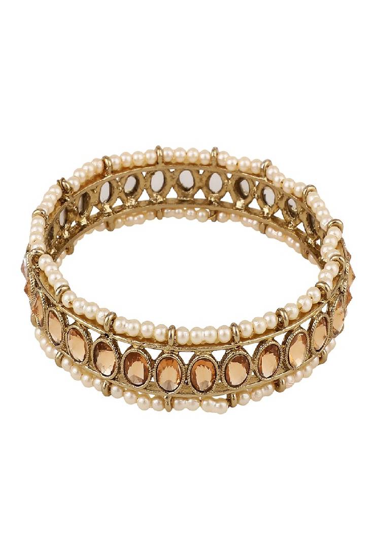 Ethnic Antiique Gold Plated Kundan and Pearl Studded Bangle Set of 2 Bangles for Girls and Women.