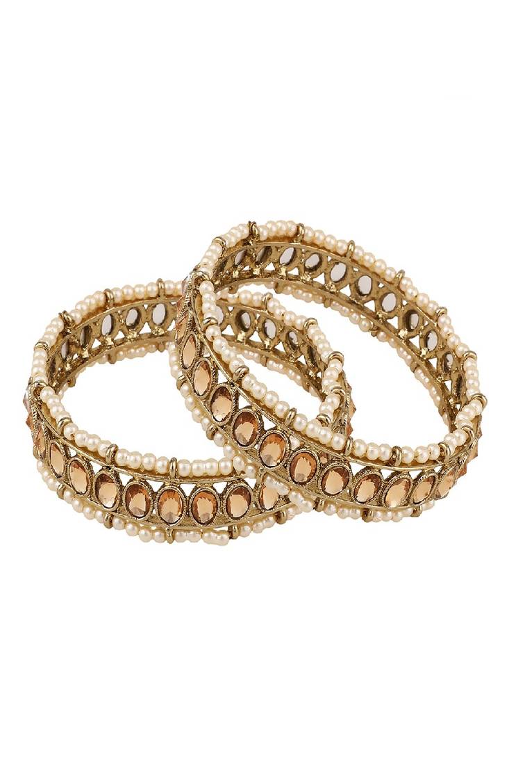 Ethnic Antiique Gold Plated Kundan and Pearl Studded Bangle Set of 2 Bangles for Girls and Women.