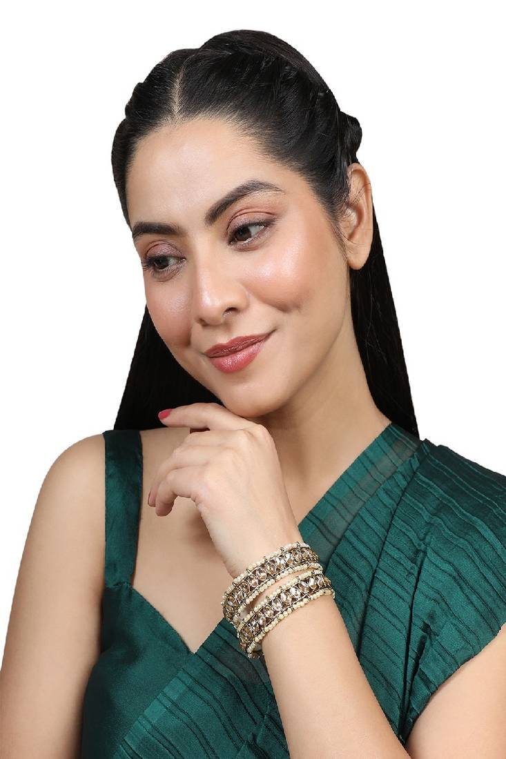 Ethnic Antiique Gold Plated Kundan and Pearl Studded Bangle Set of 2 Bangles for Girls and Women.