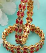 Traditional Gold Plated Red Color Leaf Shaped Stone Studded Bangle Set of 2 Bangles for Girls and Women.