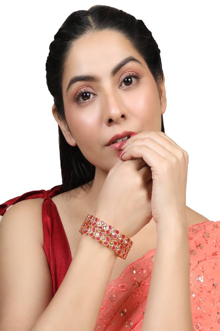 Traditional Gold Plated Red Color Leaf Shaped Stone Studded Bangle Set of 2 Bangles for Girls and Women.