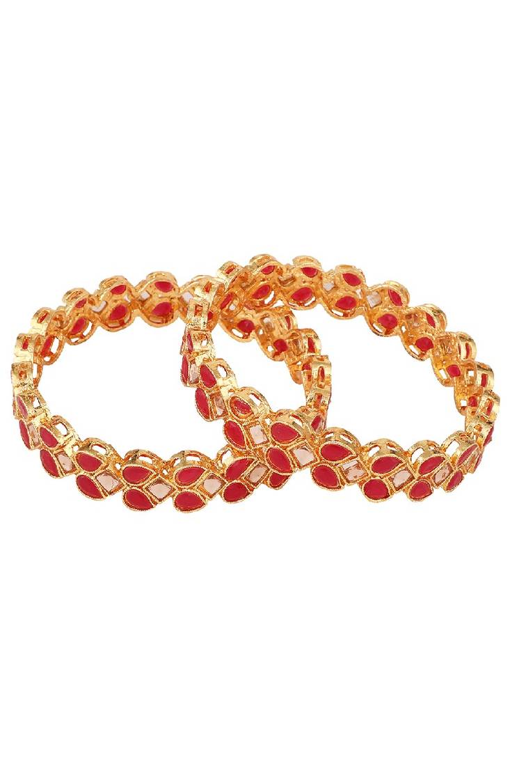 Traditional Gold Plated Red Color Leaf Shaped Stone Studded Bangle Set of 2 Bangles for Girls and Women.