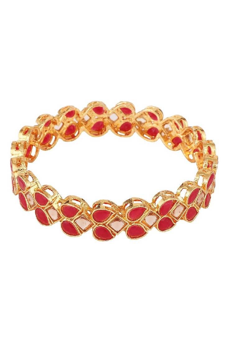 Traditional Gold Plated Red Color Leaf Shaped Stone Studded Bangle Set of 2 Bangles for Girls and Women.