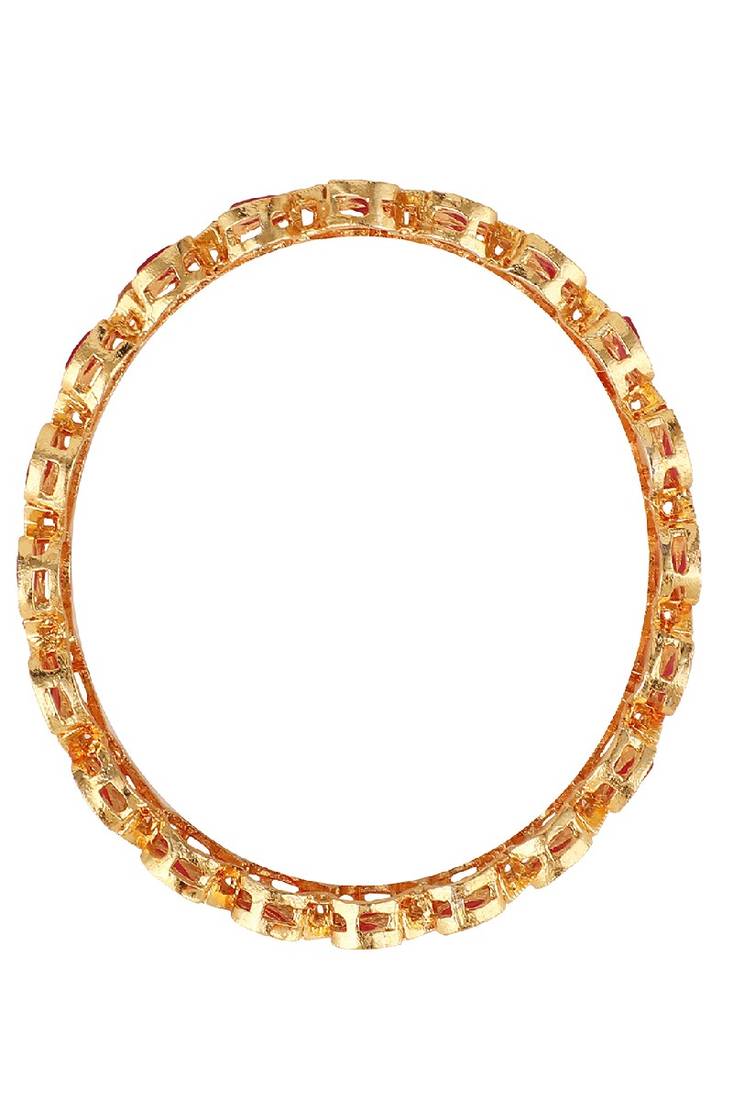 Traditional Gold Plated Red Color Leaf Shaped Stone Studded Bangle Set of 2 Bangles for Girls and Women.