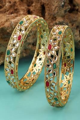 Statement Gold Plated Floral Design Multicolor Stone Studded Bangle Set of 2 Bangles for Girls and Women. 1