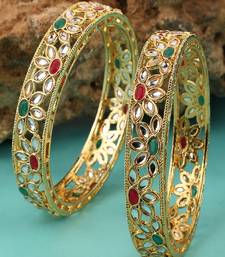 Statement Gold Plated Floral Design Multicolor Stone Studded Bangle Set of 2 Bangles for Girls and Women.